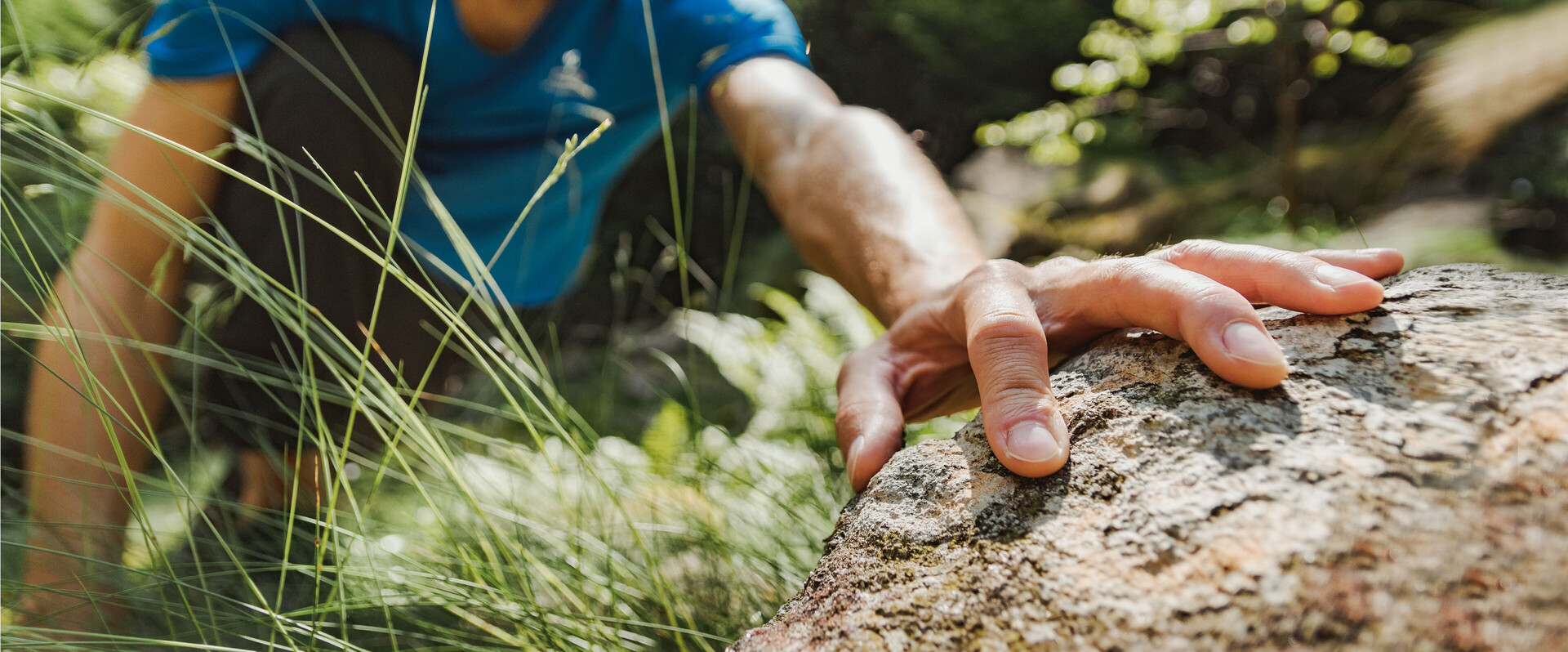 Im Vordergrund greift die Hand eines Kletterers nach einem Felsen. Das Bild steht für die Produktlinie Sixtus Hand.