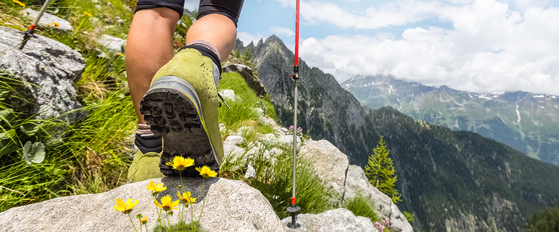 Ein Wanderer im Bergpanorama leitet das Thema Alpine Essentials ein.