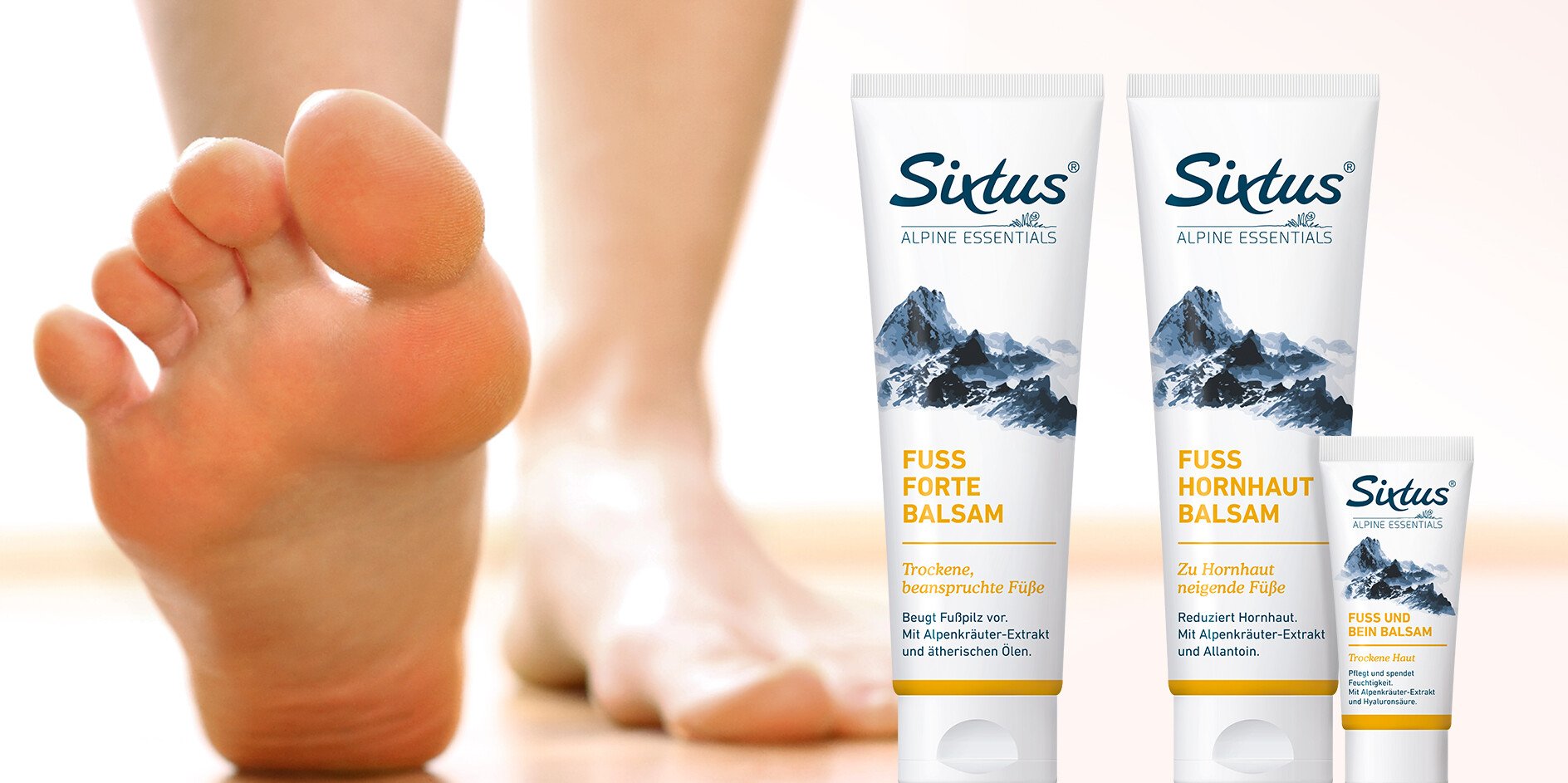Die Abbildung von Sixtus Fuß-Produkte neben zwei nackten Füßen bildet den Link zur Produktkategorie Fuß.