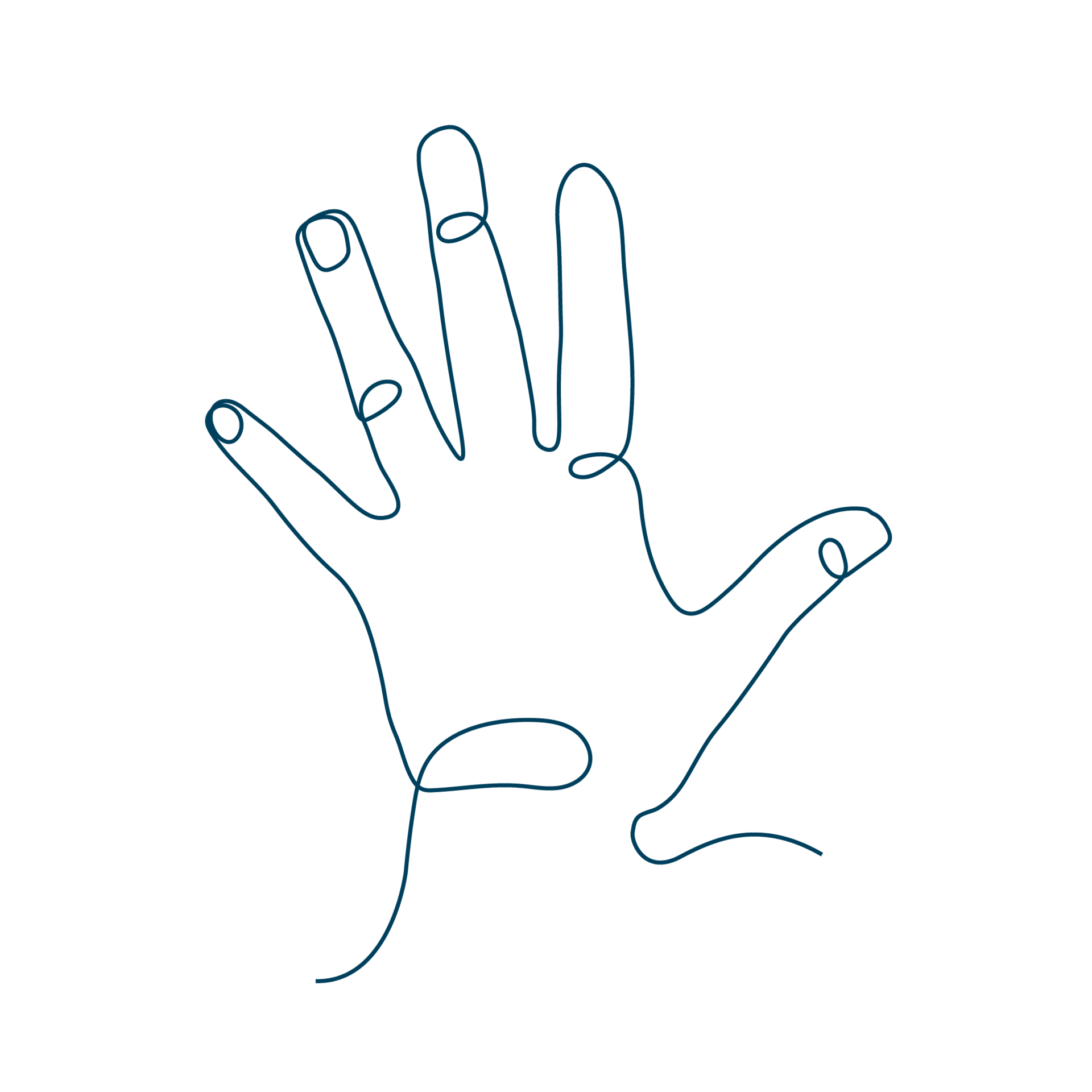 Diese Line-Art-Zeichnung einer Hand bildet den Link zur Seite mit Hand-Produkten.